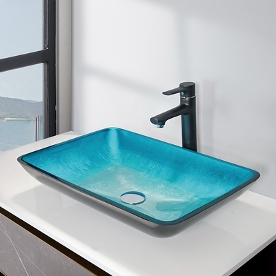 Dissipador azul de vidro moderado 560 * 360 * 110mm da embarcação do retângulo com torneira