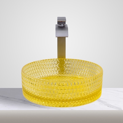 Armário de banheiro com lavatório de vidro cilindro moderno, pias transparentes de cor amarela