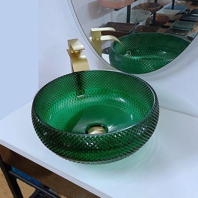 Vaidade de vidro verde Diamond Mordern Round Bathroom das bacias da embarcação