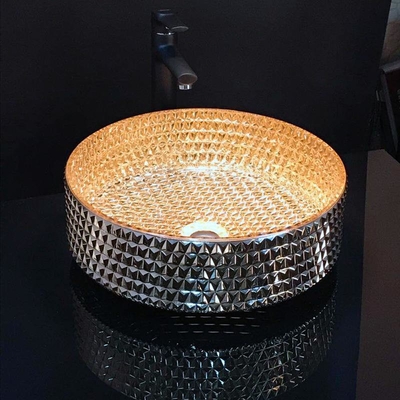 A bacia do banheiro do círculo da vaidade cromou o ouro Diamond Shape Crystal Glass
