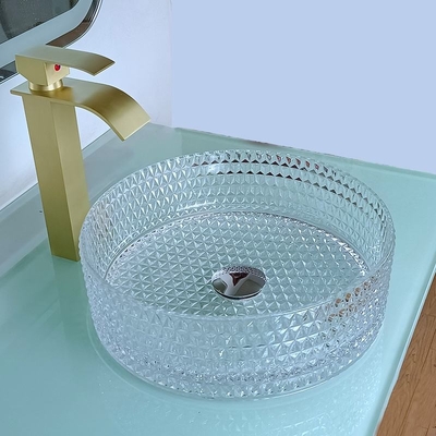 a mão do tampo da mesa de 12mm lava a bacia 15,5 avança a bacia transparente de Crystal Round Bathroom Sink Basin