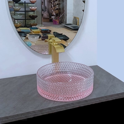 Banheiro de vidro redondo inferior da bacia do dissipador do rosa uma altura de 15 polegadas 15,8 polegadas