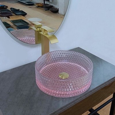 Banheiro de vidro redondo inferior da bacia do dissipador do rosa uma altura de 15 polegadas 15,8 polegadas