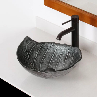 O grande dissipador oval foliforme da embarcação moderou Gray Countertop de vidro
