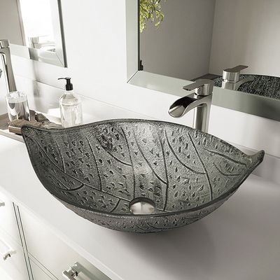 O grande dissipador oval foliforme da embarcação moderou Gray Countertop de vidro