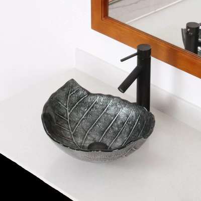 O grande dissipador oval foliforme da embarcação moderou Gray Countertop de vidro