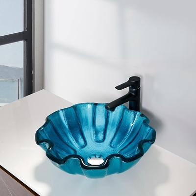 Forma verde moderada círculo da flor da bancada do banheiro 150mm da bacia de vidro da bacia