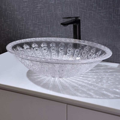 Comprimento oval de Crystal Clear Vanity 530mm da parte superior contrária da bacia da bacia de lavagem da forma