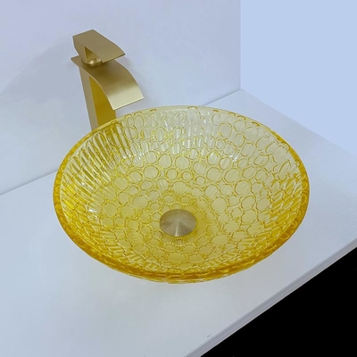 Amarelo moderno envernizado redondo do ouro do vidro 12mm de Crystal Wash Basins Low Profile