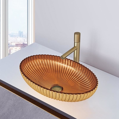 Bacia oval da bacia do dissipador do banheiro da cor do ouro de Crystal Glass Vessel Basins In 24K da forma