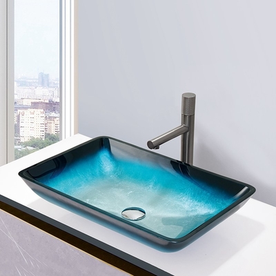 Sólido retangular moderado azul do tampo da mesa da bacia de vidro das bacias de lavagem do banho do inclinação