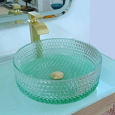 Diamond Shape Crystal Glass Vessel afunda a parte inferior do verde da bacia de lavagem do tampo da mesa