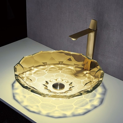 Bancada de Crystal Vessel Sinks Yellow Color da bacia de lavagem do vidro da forma da bola do OEM