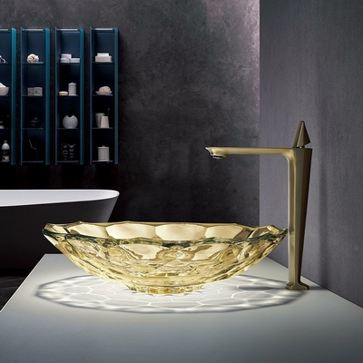 Bancada de Crystal Vessel Sinks Yellow Color da bacia de lavagem do vidro da forma da bola do OEM
