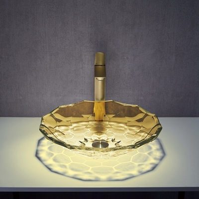 Bancada de Crystal Vessel Sinks Yellow Color da bacia de lavagem do vidro da forma da bola do OEM