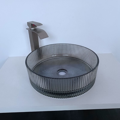 Listras de vertical cilíndricas de Gray Color Glass Wash Basin que fundem dissipadores da bacia do banheiro