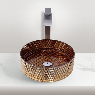 Lavatório de vidro montado na bancada da cozinha em revestimento galvanizado cor de ouro britânico
